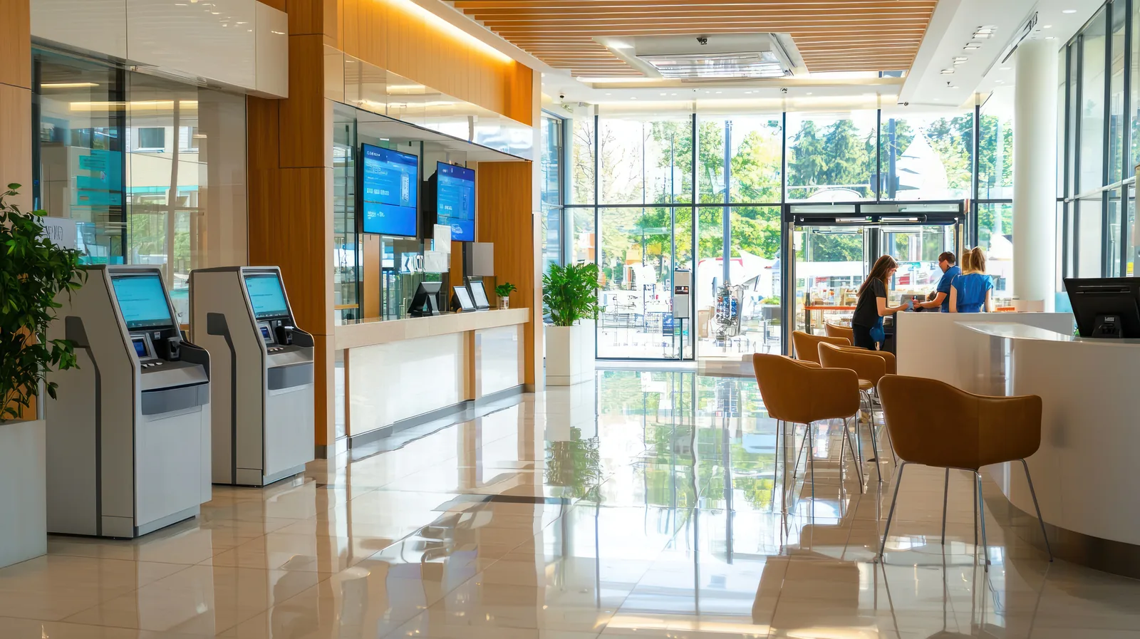 Interior of a modern bank branch with teller counters, advisor desks and an ATM area, photographed without identifiable customers
