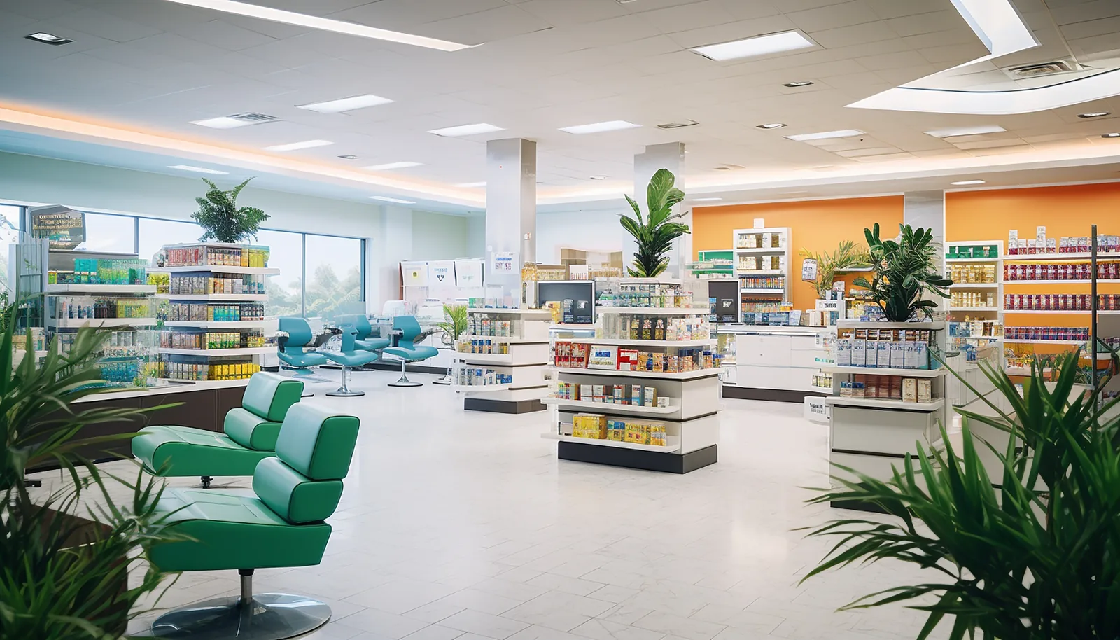 Interior of a modern pharmacy and convenience store with a service counter, till area and product shelving under overhead cameras