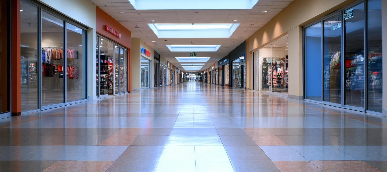 Interior of a multi-floor department store showing escalators, open sales floors and concession areas under overhead lighting