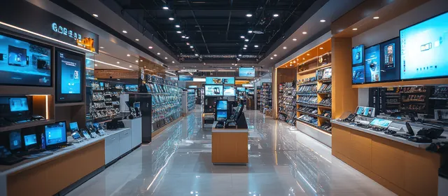 Interior of a consumer electronics store with shelves of laptops and tablets, wall displays and a service counter in the foreground