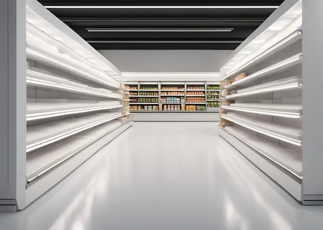 Interior of a modern supermarket aisle with stocked shelves and overhead lighting