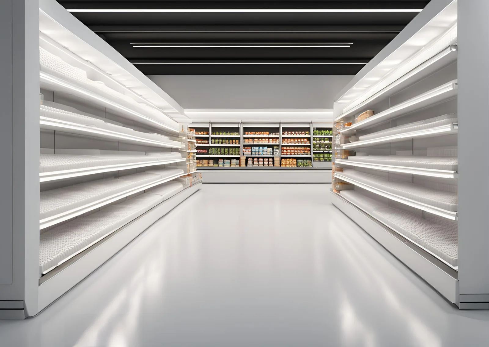 Interior of a modern supermarket aisle with stocked shelves and overhead lighting