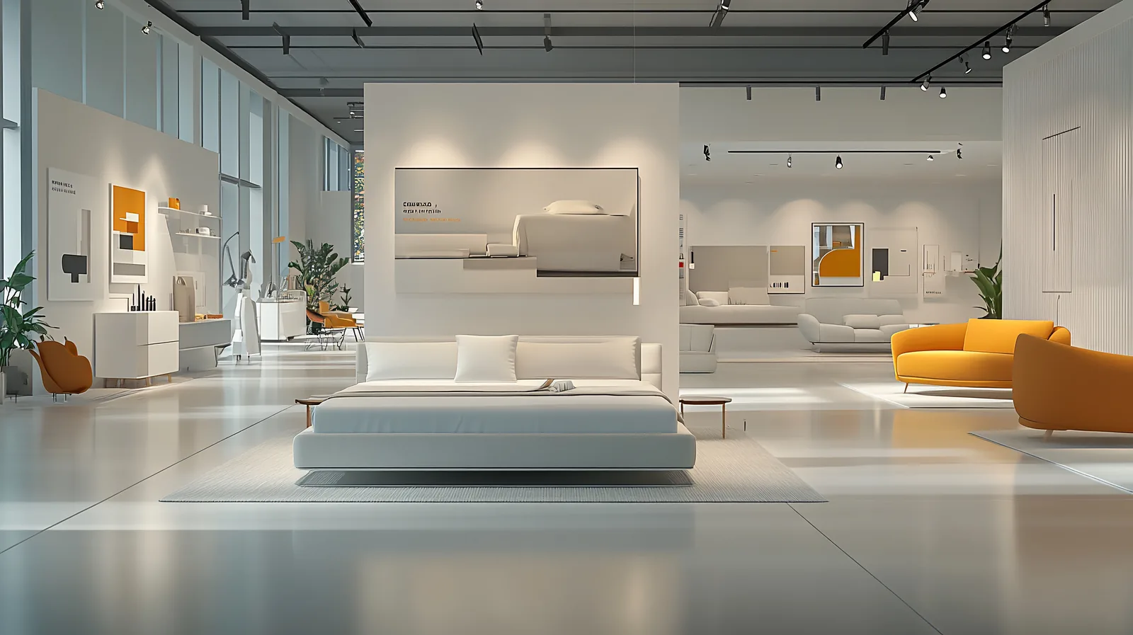 Interior of a large modern furniture showroom with arranged room settings and wide aisles under overhead lighting