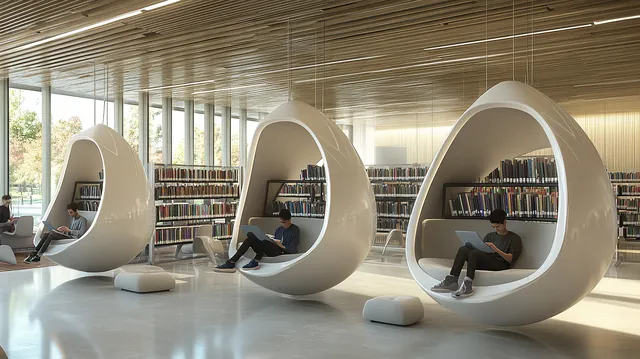 Interior of a modern public library with reading areas, shelving and study seating, no visible faces