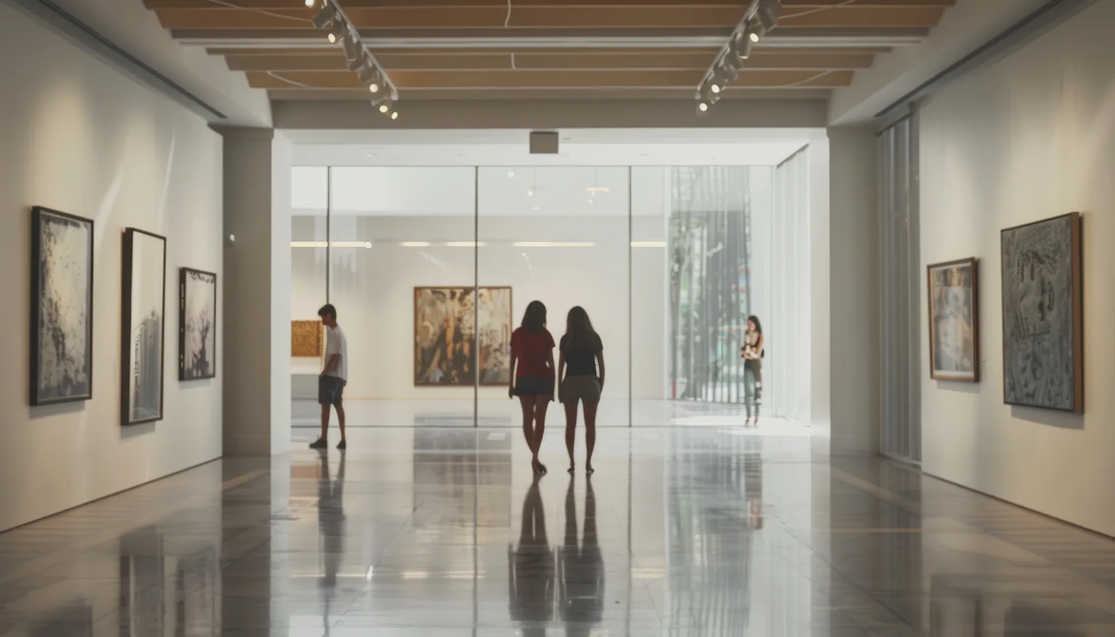 Interior of a contemporary art gallery with framed works on white walls and visitors viewing the displays