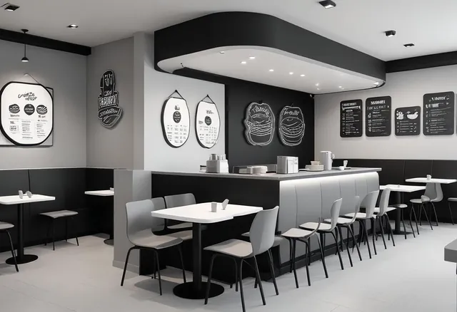 Interior of a modern quick-service restaurant with an order counter, digital menu boards and a seating area, viewed from above