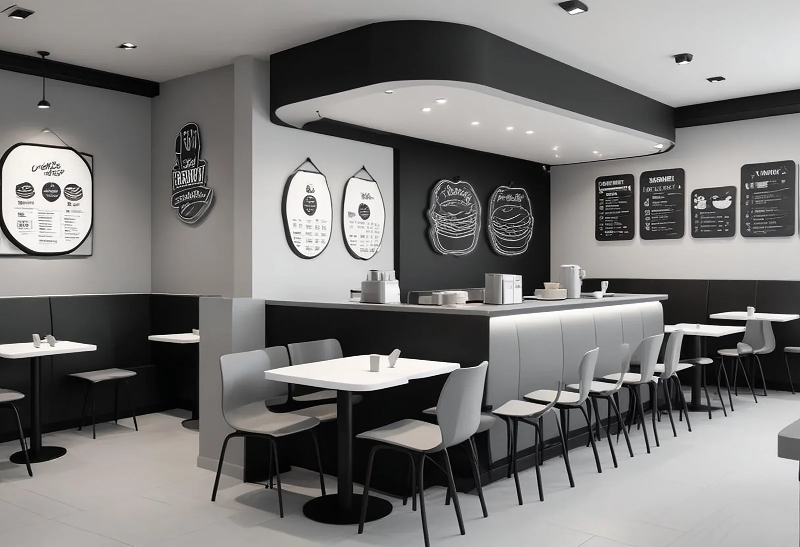 Interior of a modern quick-service restaurant with an order counter, digital menu boards and a seating area, viewed from above